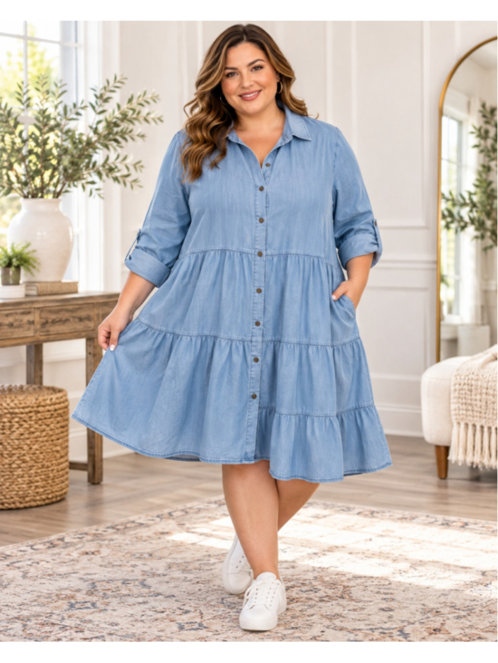 Ninexis Chambray Tiered Button Front 100% Cotton Shirt Dress 3X